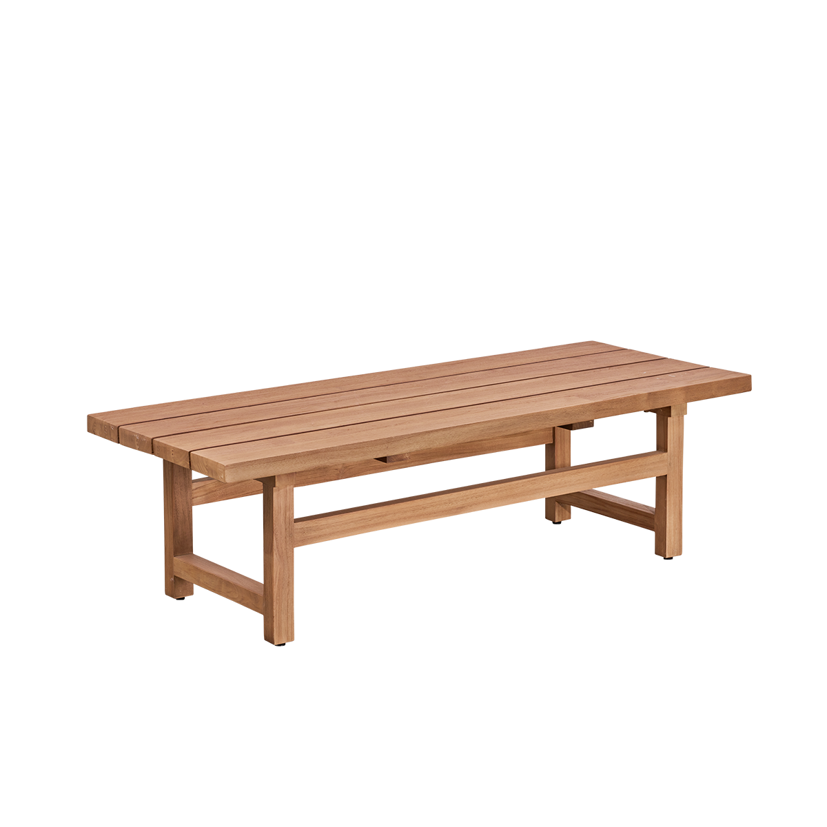 Side view of Julian outdoor teak lounge table 140x55 cm, handcrafted from premium Indonesian teak in chestnut brown color, certified ‘Indonesian Legal Wood’.