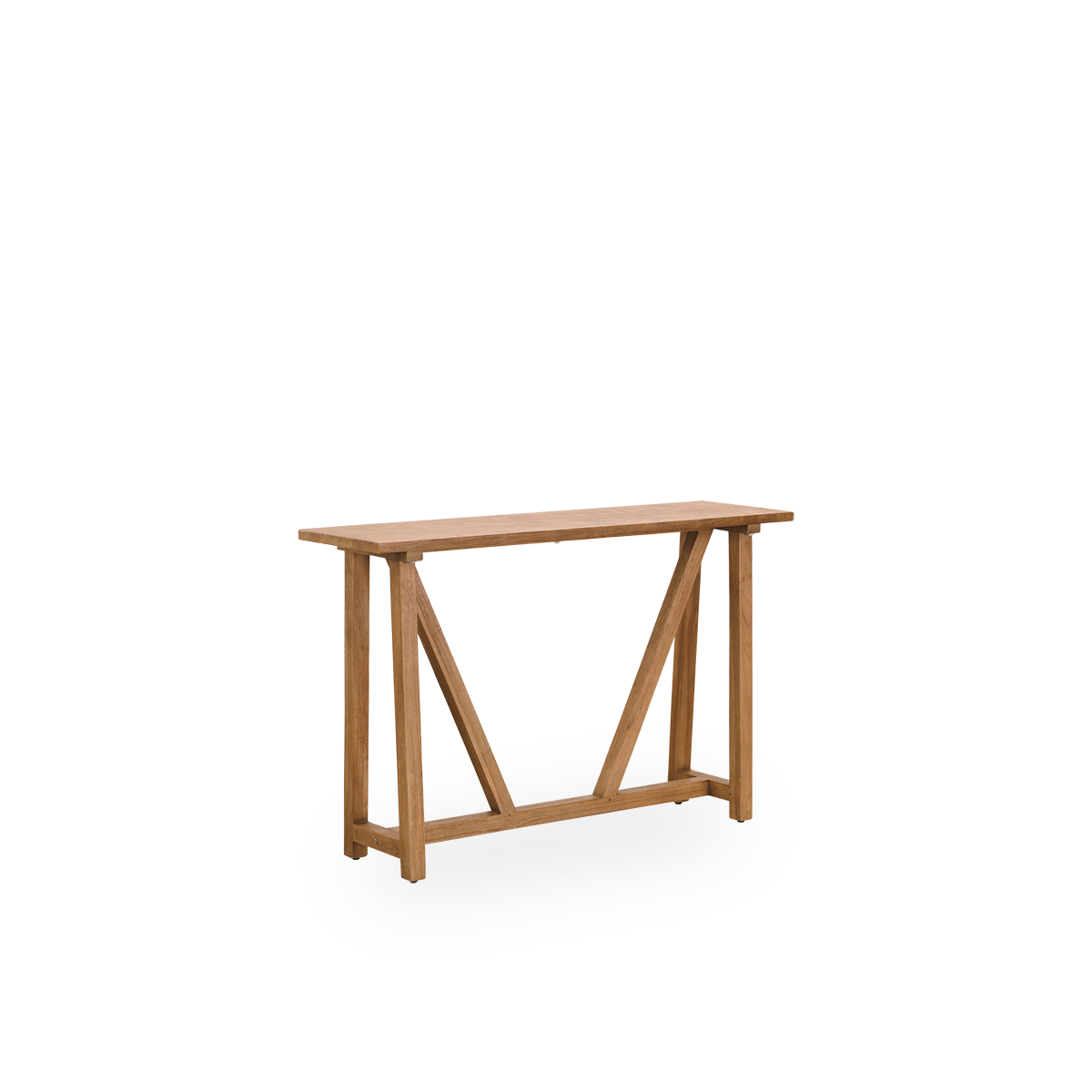 Side view of Lucas indoor teak console desk in elegant, patinated teak for a rustic look in natural chestnut color.