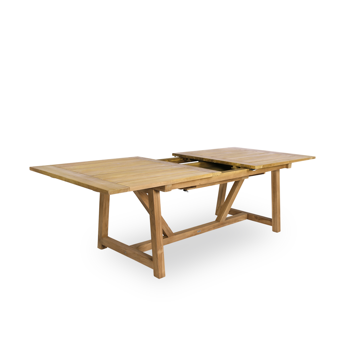 This is a close-up image of George Exterior Extendable Table 200(280) in outdoor Teak.