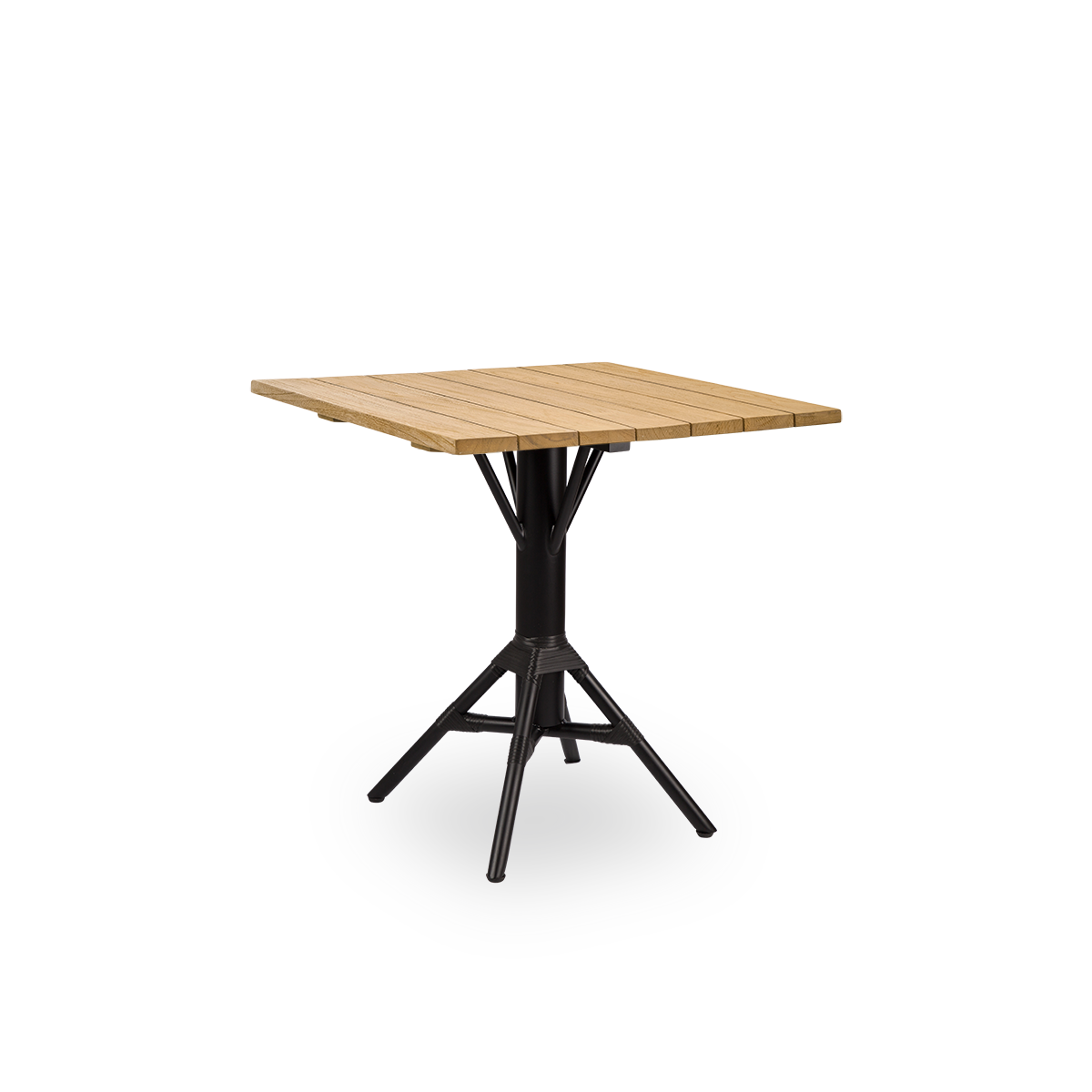 Side view of Nicole outdoor café table, inspired by French café style. Powder-coated black aluminum base with ArtFibre windings, with round chestnut brown teak top Ø80 cm.