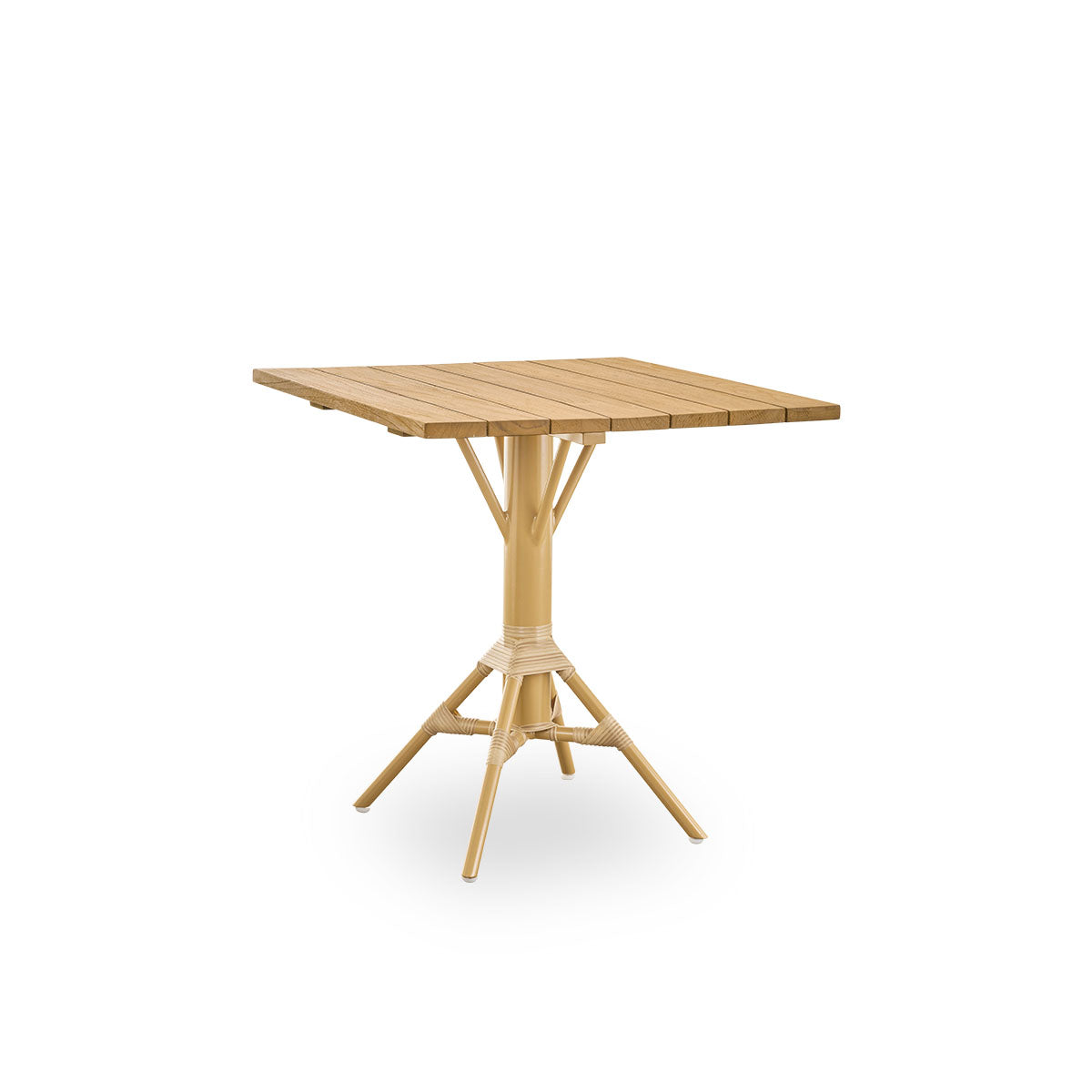 Side view of Nicole outdoor café table, inspired by French café style. Powder-coated aluminum base in Almond color with ArtFibre windings, with round chestnut brown teak top Ø80 cm.
