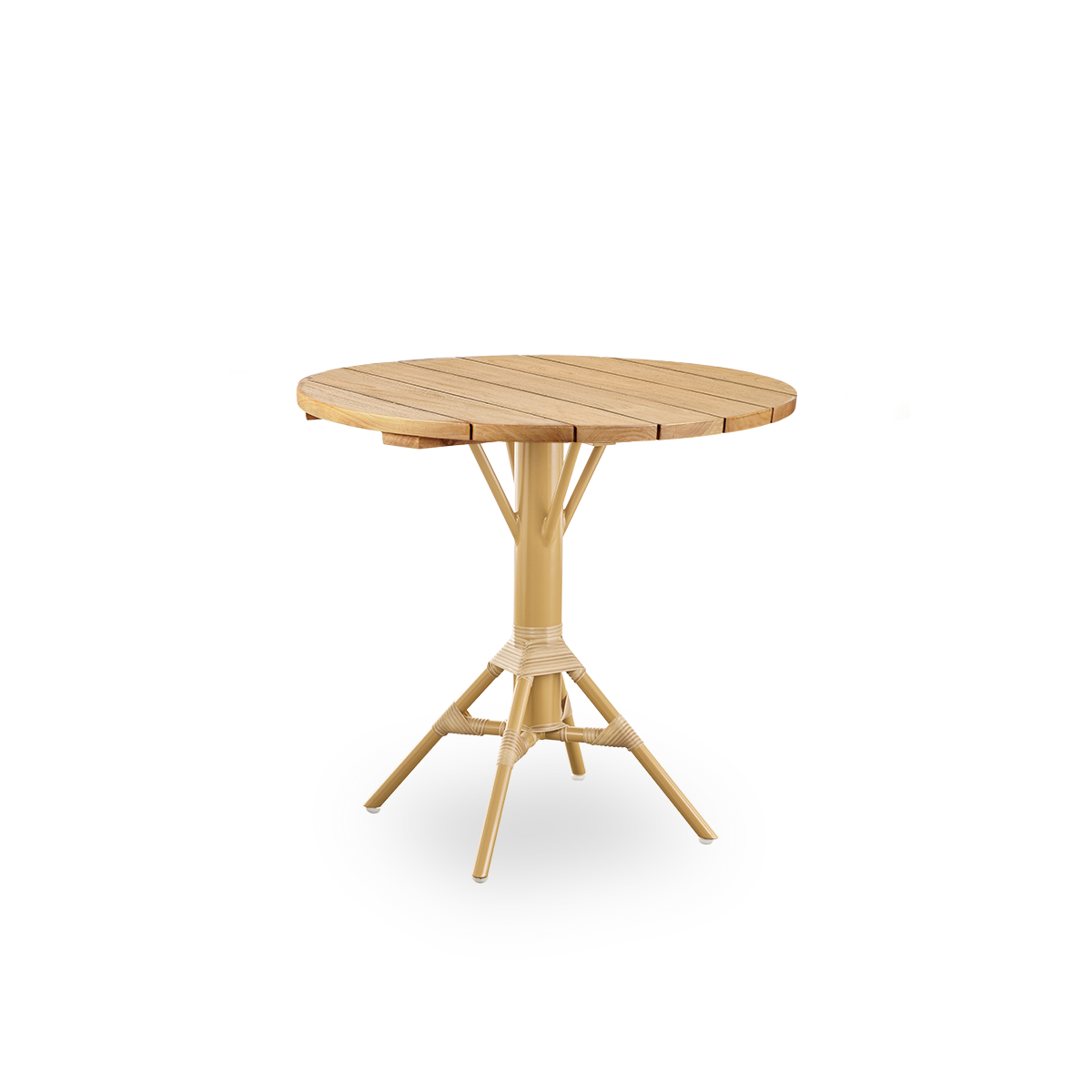 This is a lifestyle image of Nicole Café Table Teak Ø80 cm in almond aluminium frame natural ArtFibre. Terrace with chairs under tiled roof overhang.