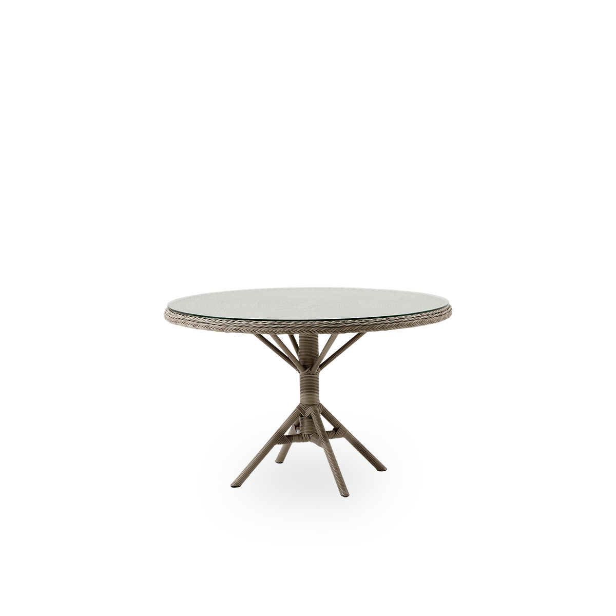 Side view of Grace outdoor dining table in antique grey color in British colonial style. Aluminum frame fully woven with ArtFibre, with a loose glass table top.