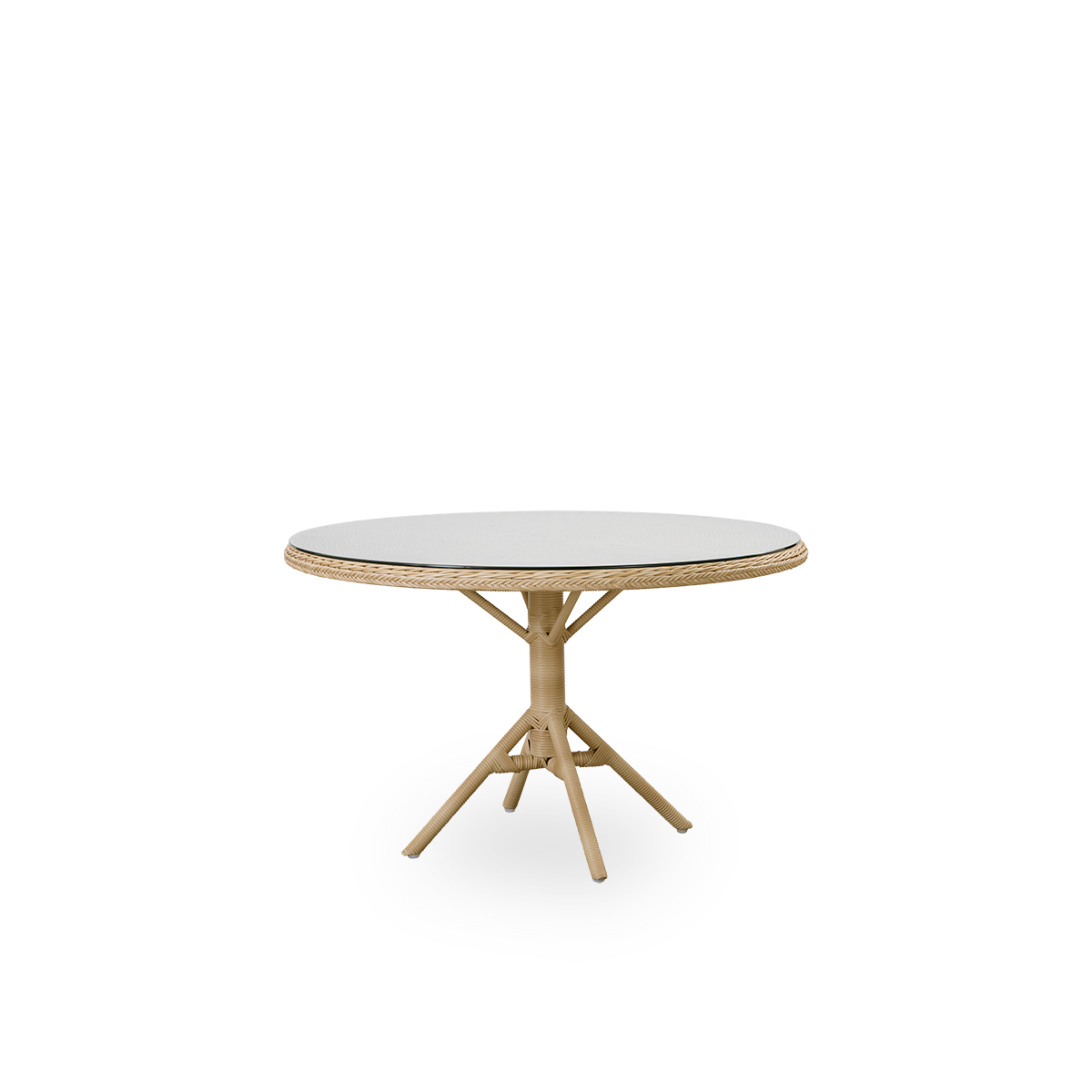 Side view of Grace outdoor dining table in natural color in British colonial style. Aluminum frame fully woven with ArtFibre, with a loose glass table top.