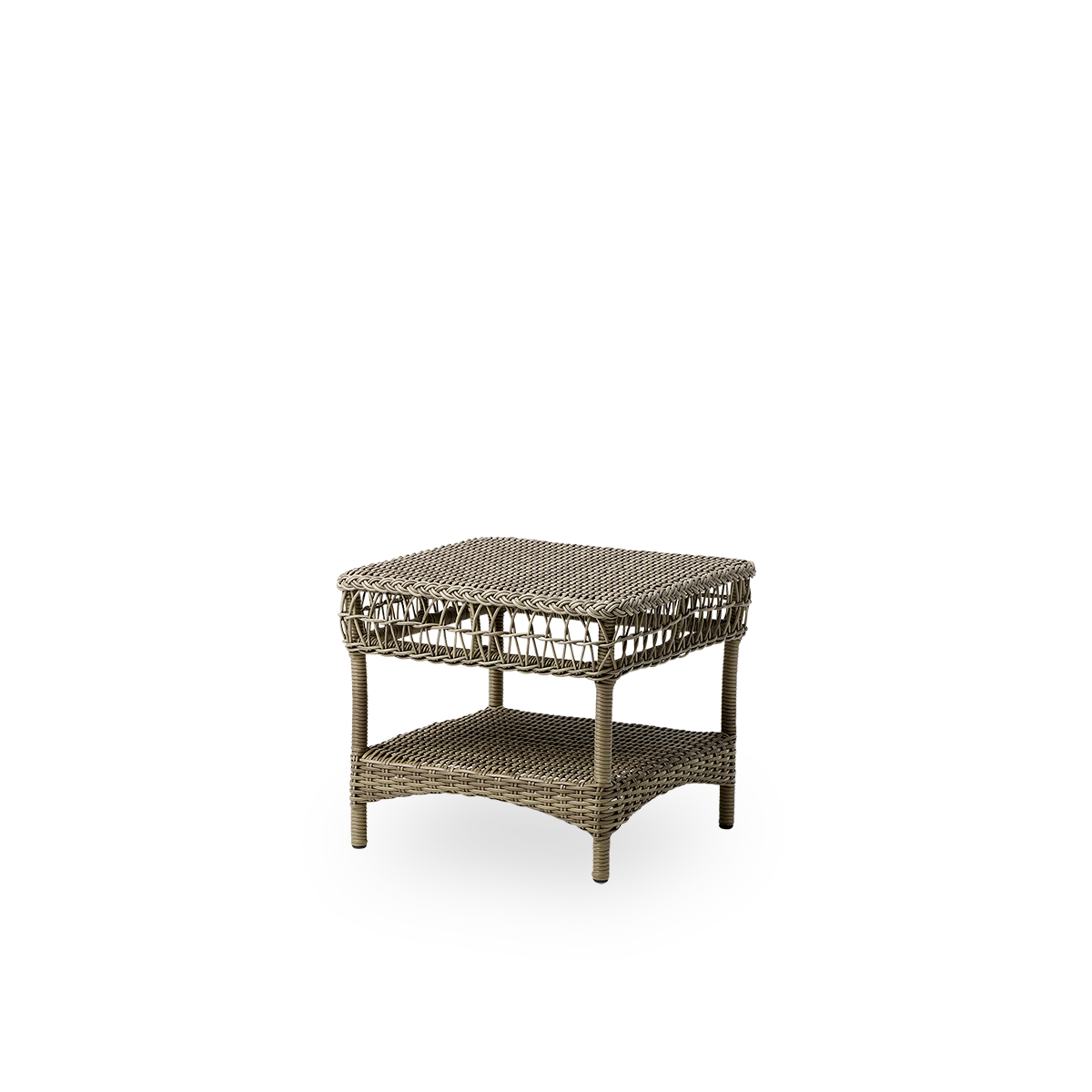 Side view of Susy Exterior outdoor side table in Antique color, inspired by British colonial style. Aluminium frame fully woven with ArtFibre.