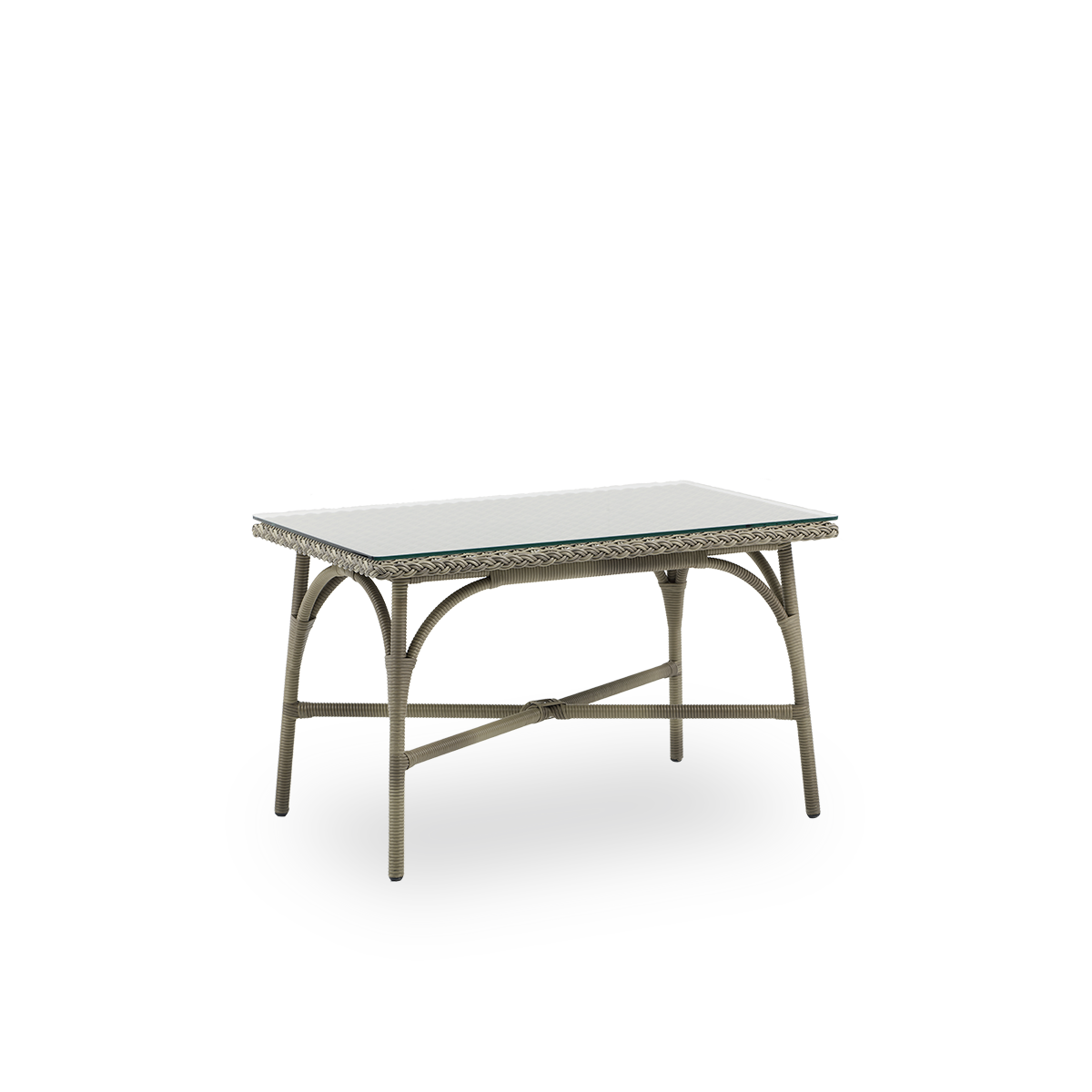Side view of Victoria outdoor coffee table with glass top, inspired by British colonial style.  Aluminium frame fully woven with ArtFibre in Antique grey color. Size 60x100 cm.