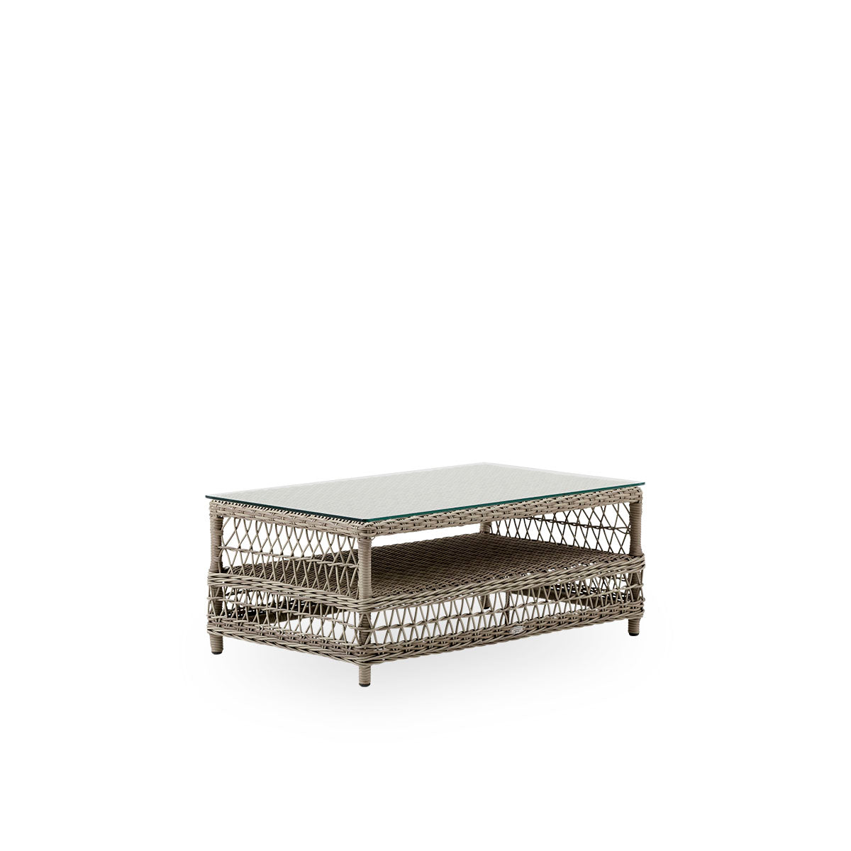 Side view of Hazel outdoor lounge table in antique grey color, size 100x60 cm and height 44 cm, fully woven ArtFibre on aluminum frame with 8 mm loose glass top.