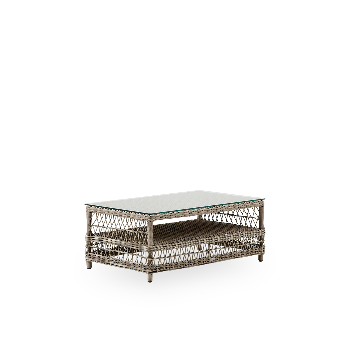 Side view of Hazel outdoor lounge table in antique grey color, size 100x60 cm and height 44 cm, fully woven ArtFibre on aluminum frame with 8 mm loose glass top.