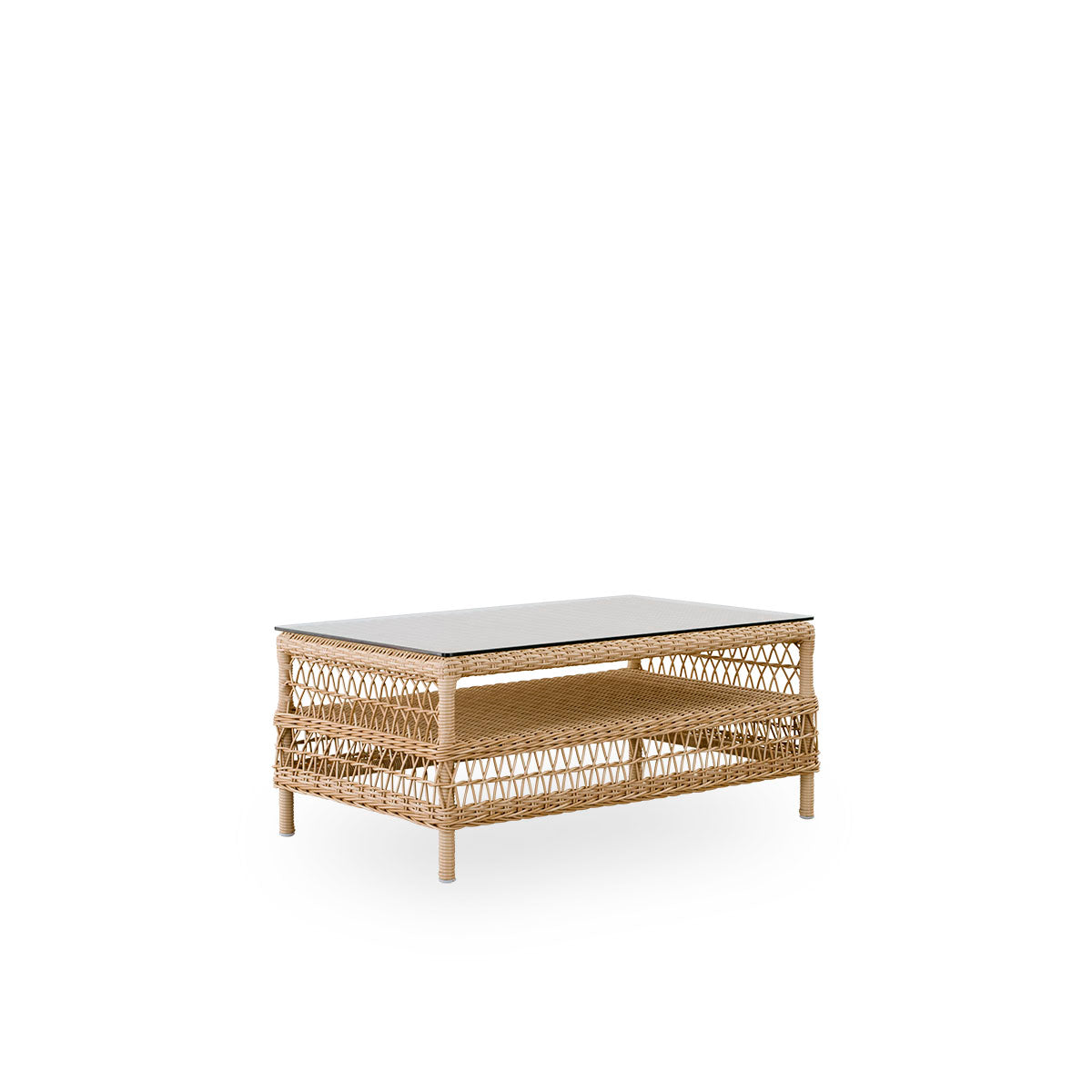 Side view of Hazel outdoor lounge table in natural color, size 100x60 cm and height 44 cm, fully woven ArtFibre on aluminum frame with 8 mm loose glass top.