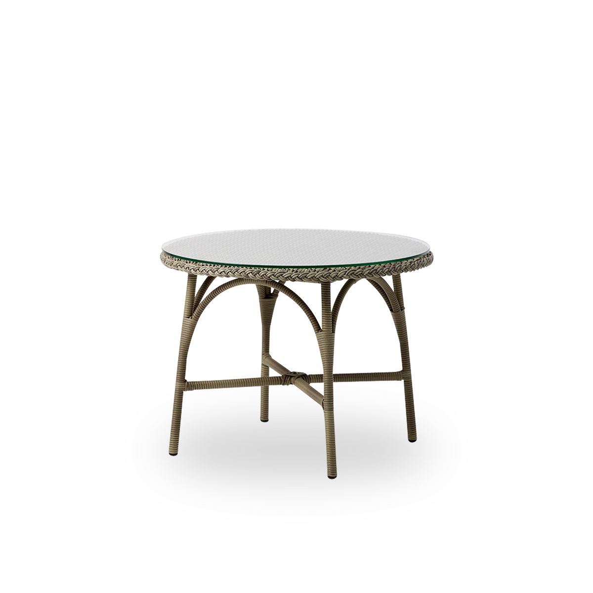 Side view of Victoria round outdoor coffee table with glass top Ø80 cm. Aluminium frame fully woven with ArtFibre in Antique grey color.