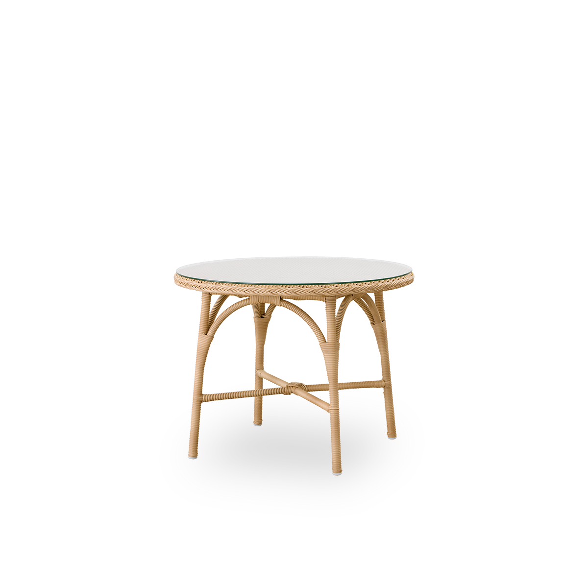 Side view of Victoria round outdoor coffee table with glass top Ø80 cm. Aluminium frame fully woven with ArtFibre in Natural color.