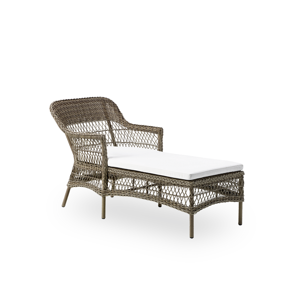 Side view of Olivia outdoor chaiselounge in Antique grey color. Aluminium frame fully woven with ArtFibre. Romantic look inspired by British colonial style.
