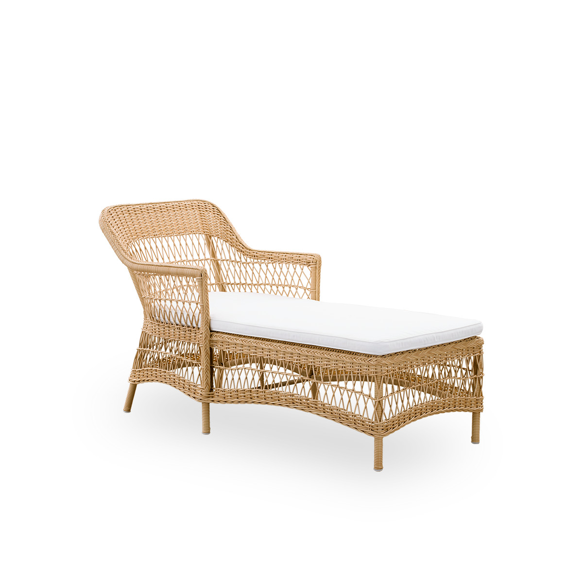 Side view of Olivia outdoor chaiselounge in Natural color. Aluminium frame fully woven with ArtFibre. Romantic look inspired by British colonial style.