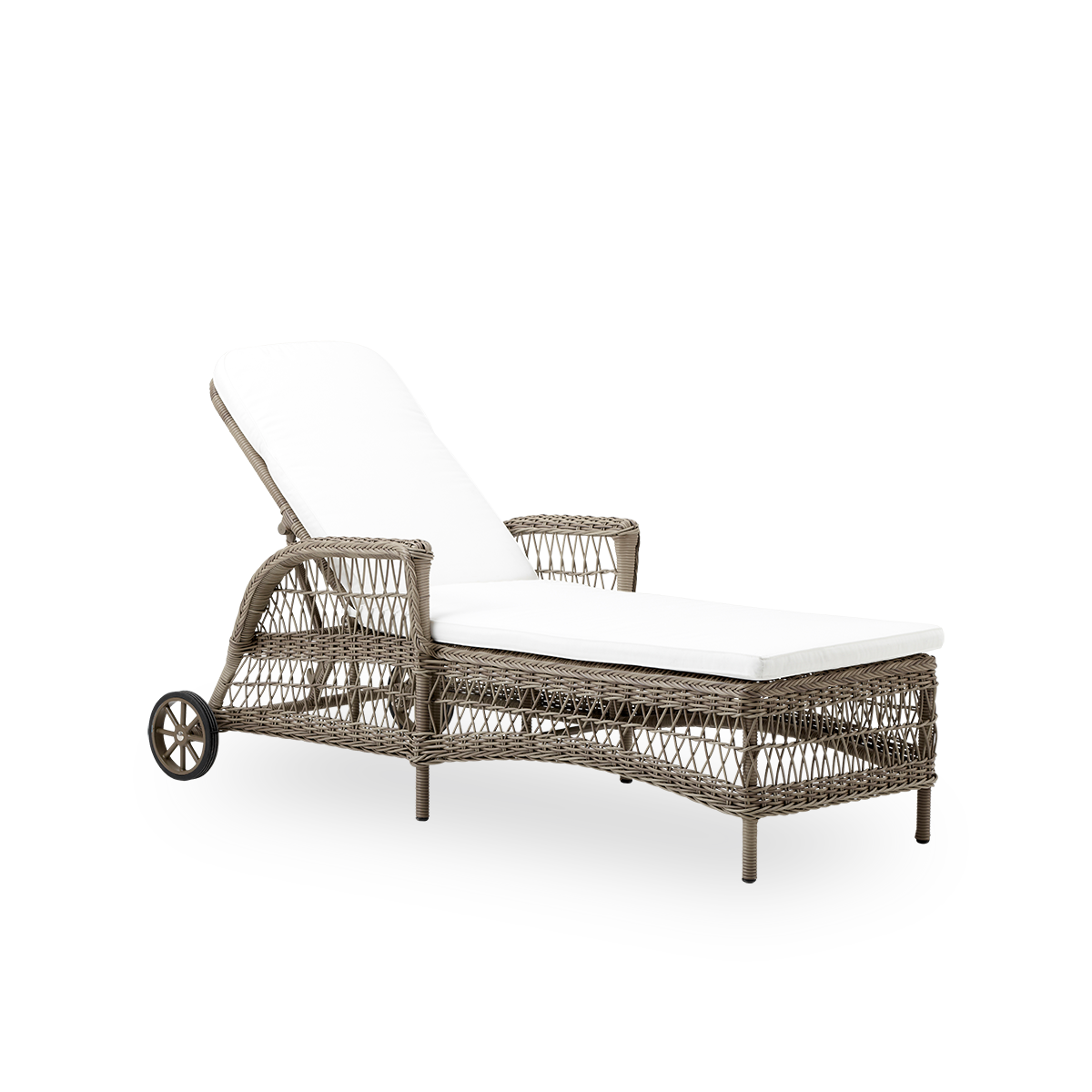 Side view of the Daisy sunbed in antique grey. Fully woven sunbed with adjustable backrest and wheels, inspired by British colonial style. Aluminum frame woven with ArtFibre.
