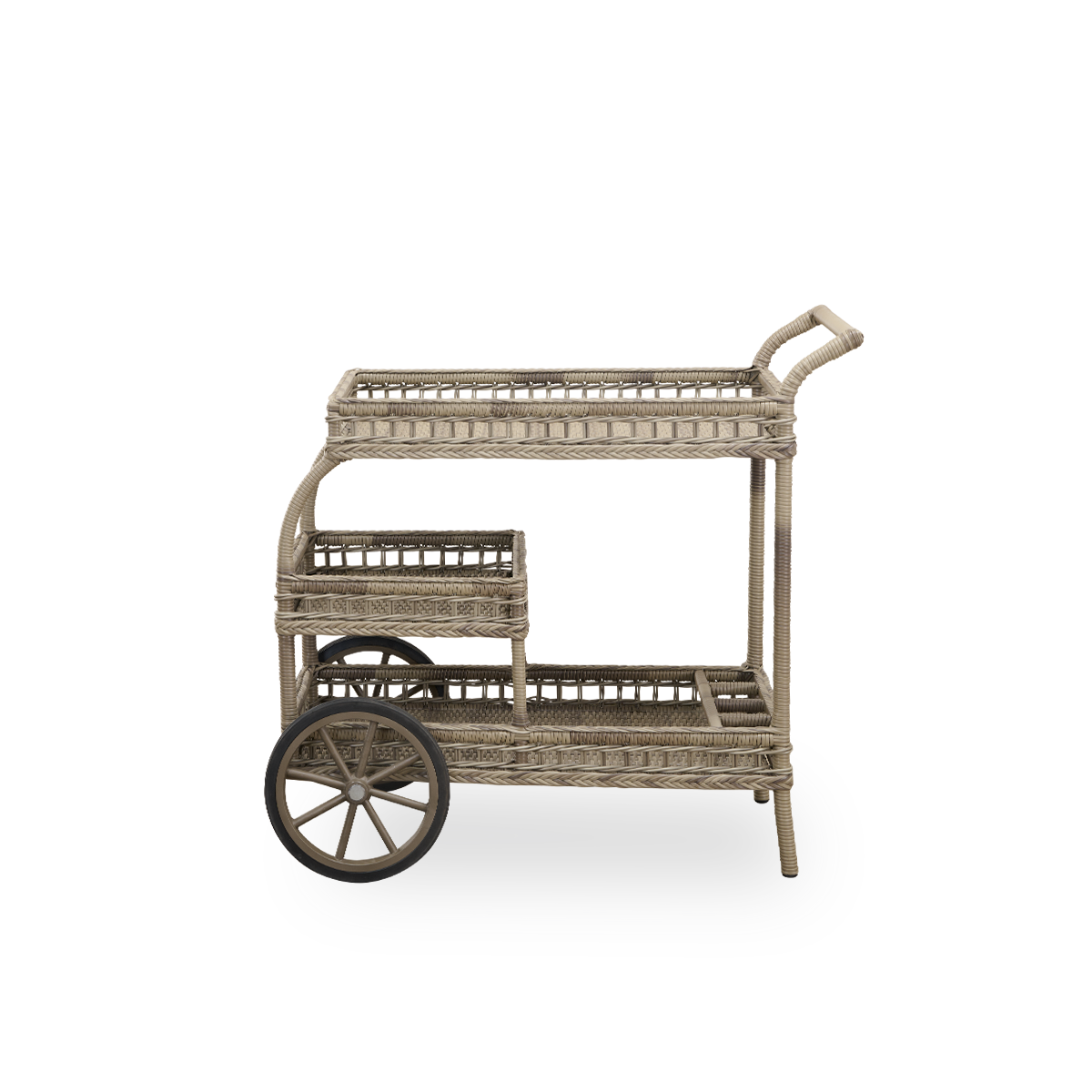 Plain view of James outdoor bar trolley in Antique Grey color, handcrafted from ArtFibre on hand-bent aluminum frame, with intricate weavings and two wheels for easy mobility.