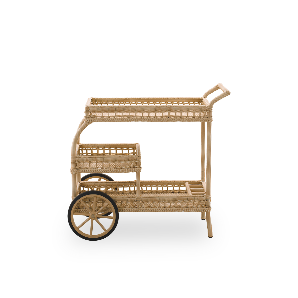 Plain side view of James outdoor bar trolley in natural color, handcrafted from ArtFibre on hand-bent aluminum frame, with intricate weavings and two wheels for easy mobility.