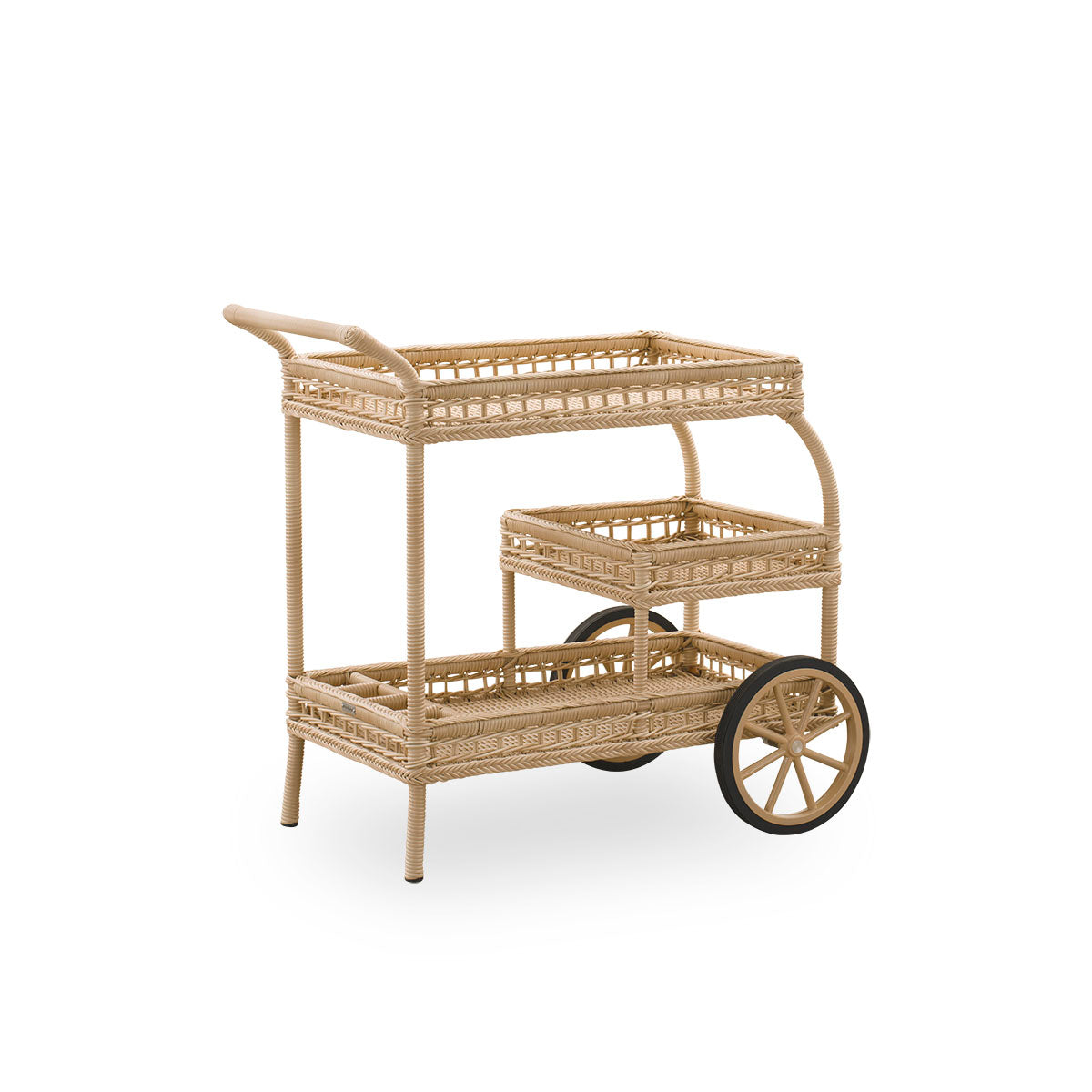 Plain back view of James outdoor bar trolley in natural color, handcrafted from ArtFibre on hand-bent aluminum frame, with intricate weavings and two wheels for easy mobility.