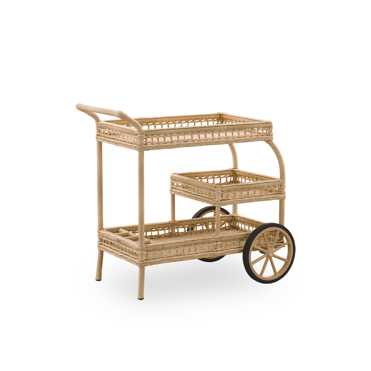 Plain back view of James outdoor bar trolley in natural color, handcrafted from ArtFibre on hand-bent aluminum frame, with intricate weavings and two wheels for easy mobility.