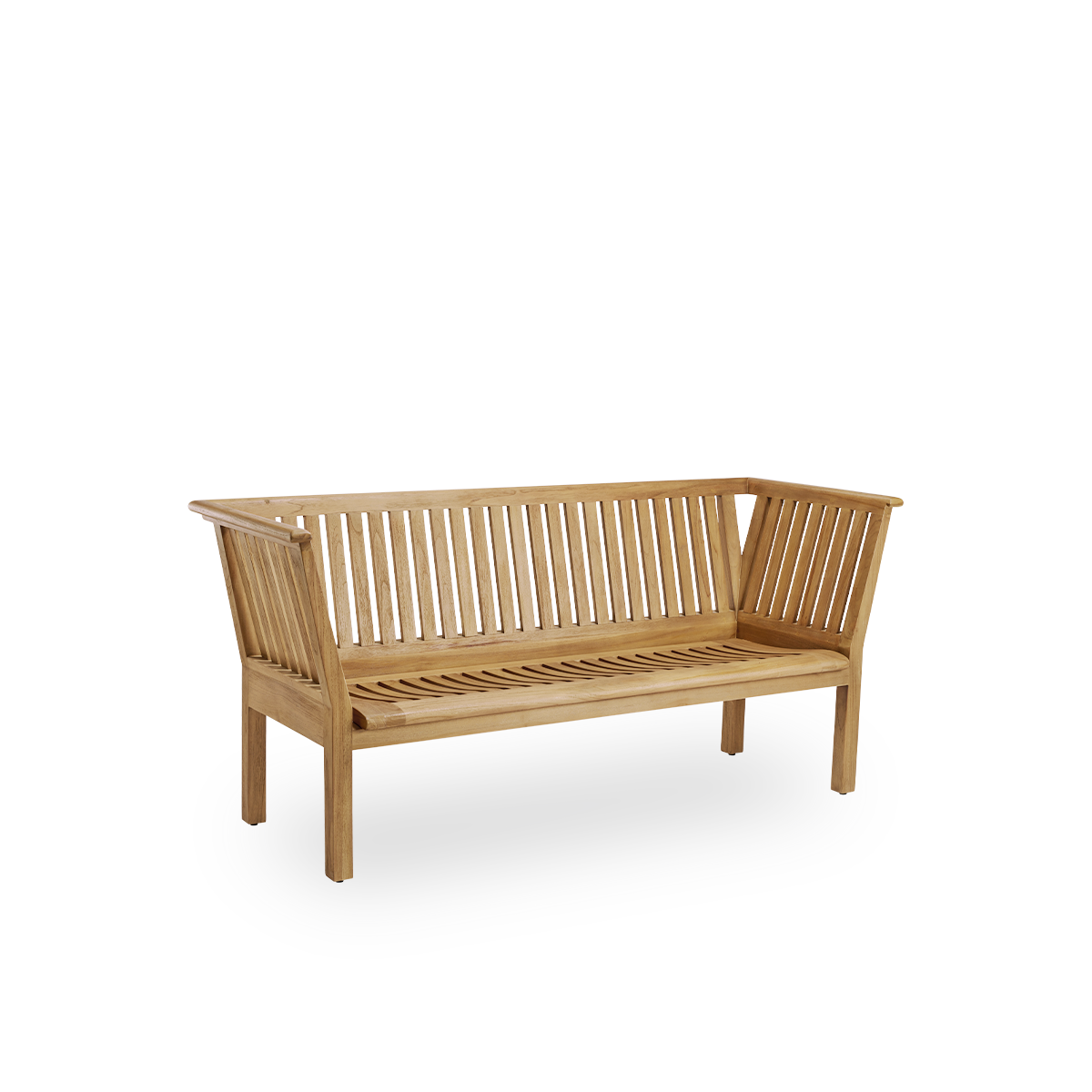 Side view of St Catherine outdoor teak bench designed by Arne Jacobsen, length 180 cm. Solid and durable bench handcrafted in chestnut brown high quality Indonesian teakwood certified ‘Indonesian Legal Wood’