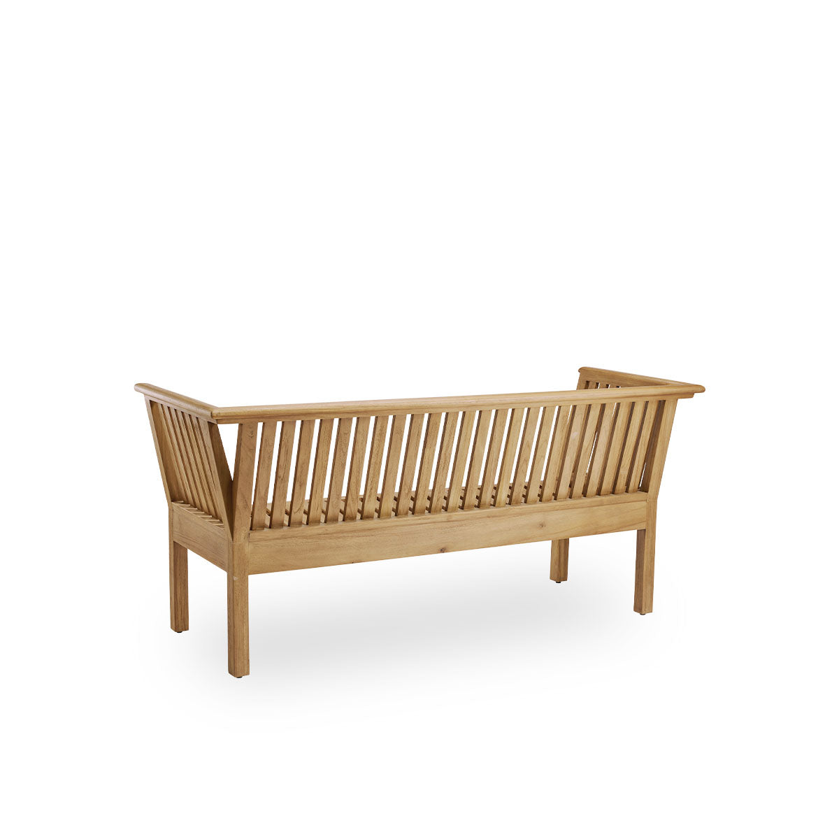 Plain back view of St Catherine outdoor teak bench designed by Arne Jacobsen, length 180 cm. Solid and durable bench handcrafted in chestnut brown high quality Indonesian teakwood certified ‘Indonesian Legal Wood’.