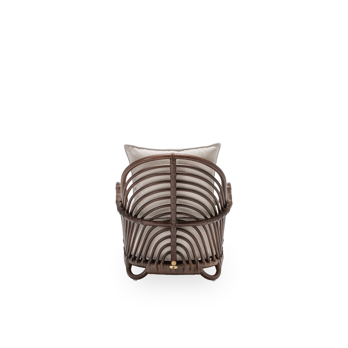 Plain back view of the Charlottenborg lounge chair with seat and back cushions, in brown rattan. Designed by Arne Jacobsen in 1936 and part of Sika-Design's ICONS collection of reissued designer furniture. Handcrafted from high-quality Indonesian rattan.