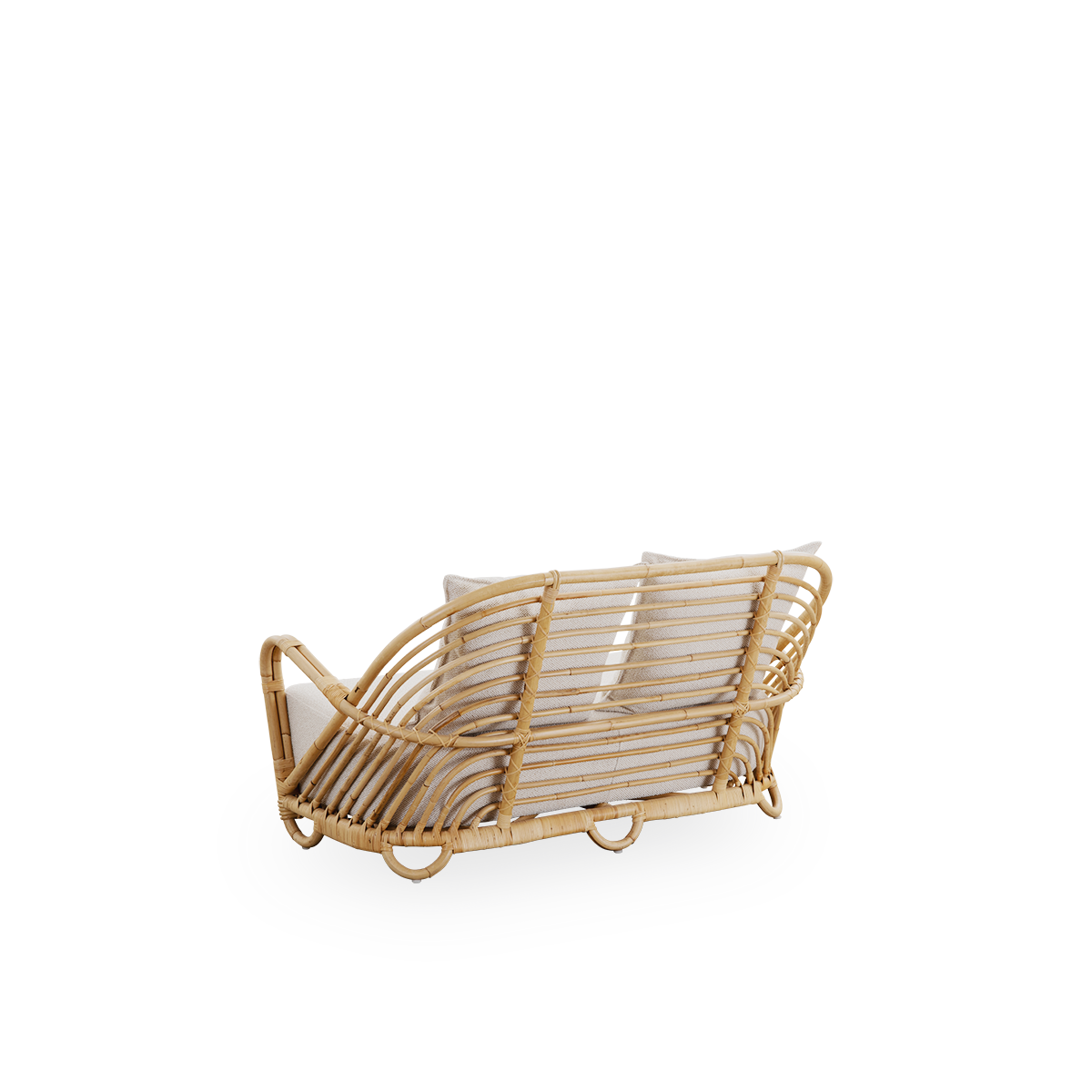 Back side view of the Charlottenborg 2-seater sofa in polished natural rattan, designed by Arne Jacobsen. The sofa features a curved back and armrests integrated into the base, handcrafted from high-quality Indonesian rattan.