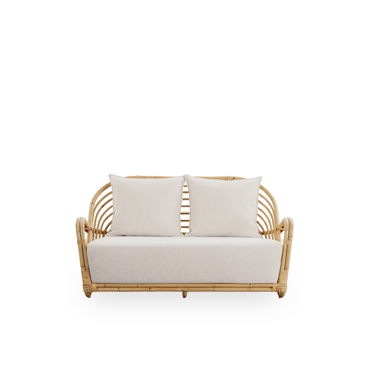 Front view of the Charlottenborg 2-seater sofa in polished natural rattan, designed by Arne Jacobsen. The sofa features a curved back and armrests integrated into the base, handcrafted from high-quality Indonesian rattan.