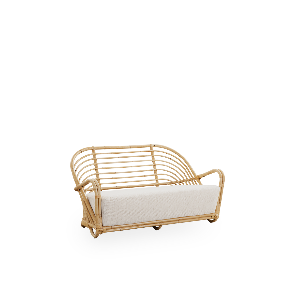 Side view of the Charlottenborg 2-seater Sofa in polished natural rattan, designed by Arne Jacobsen. The sofa features a curved back and armrests integrated into the base, handcrafted from high quality Indonesian rattan.
