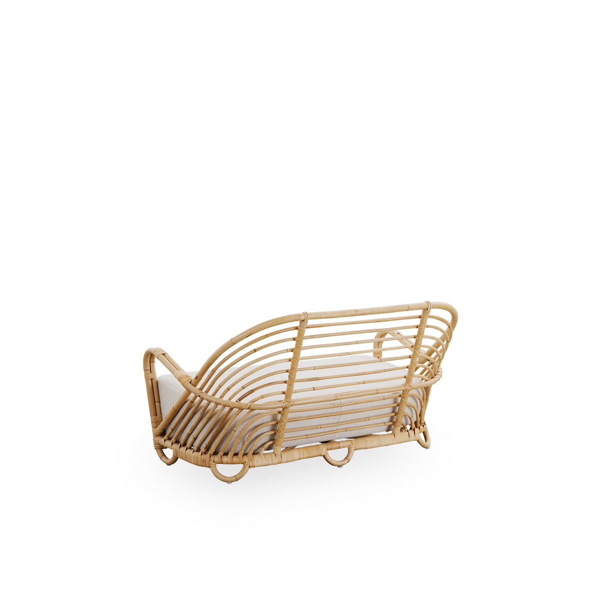 Back side view of the Charlottenborg 2-seater sofa in polished natural rattan, designed by Arne Jacobsen. The sofa features a curved back and armrests integrated into the base, handcrafted from high-quality Indonesian rattan.
