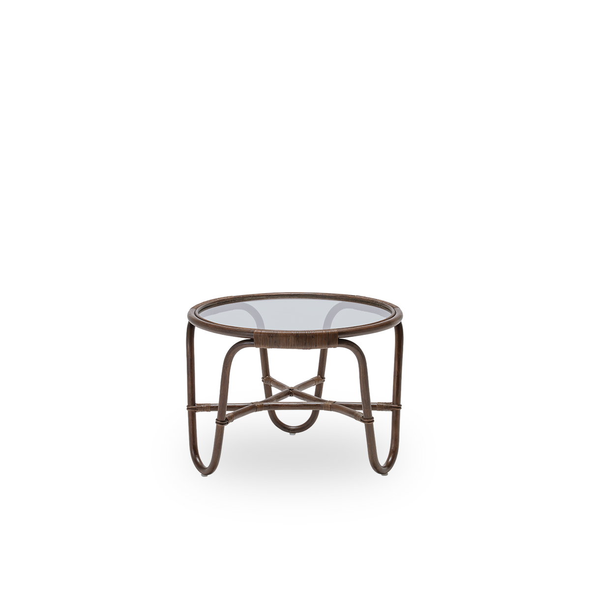 Side view of the Charlottenborg coffee table, in brown rattan. Designed by Arne Jacobsen and part of Sika-Design's ICONS collection of reissued designer furniture. Handcrafted from high-quality Indonesian rattan.