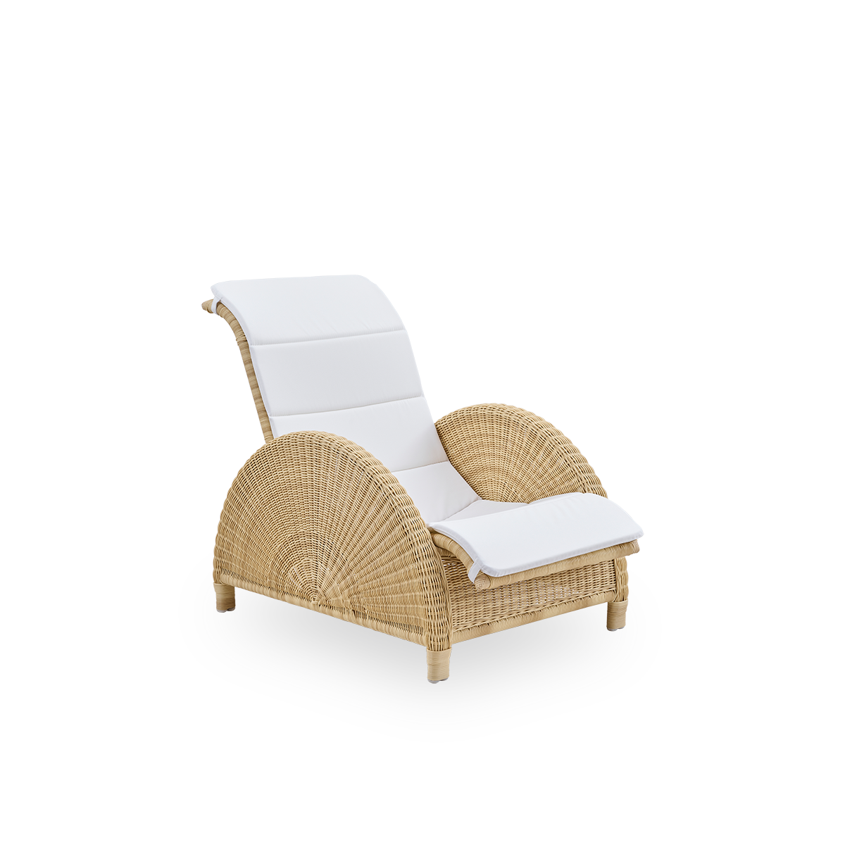 Side view of Paris outdoor lounge chair, iconic design by Arne Jacobsen. Aluminium frame fully woven with ArtFibre. 