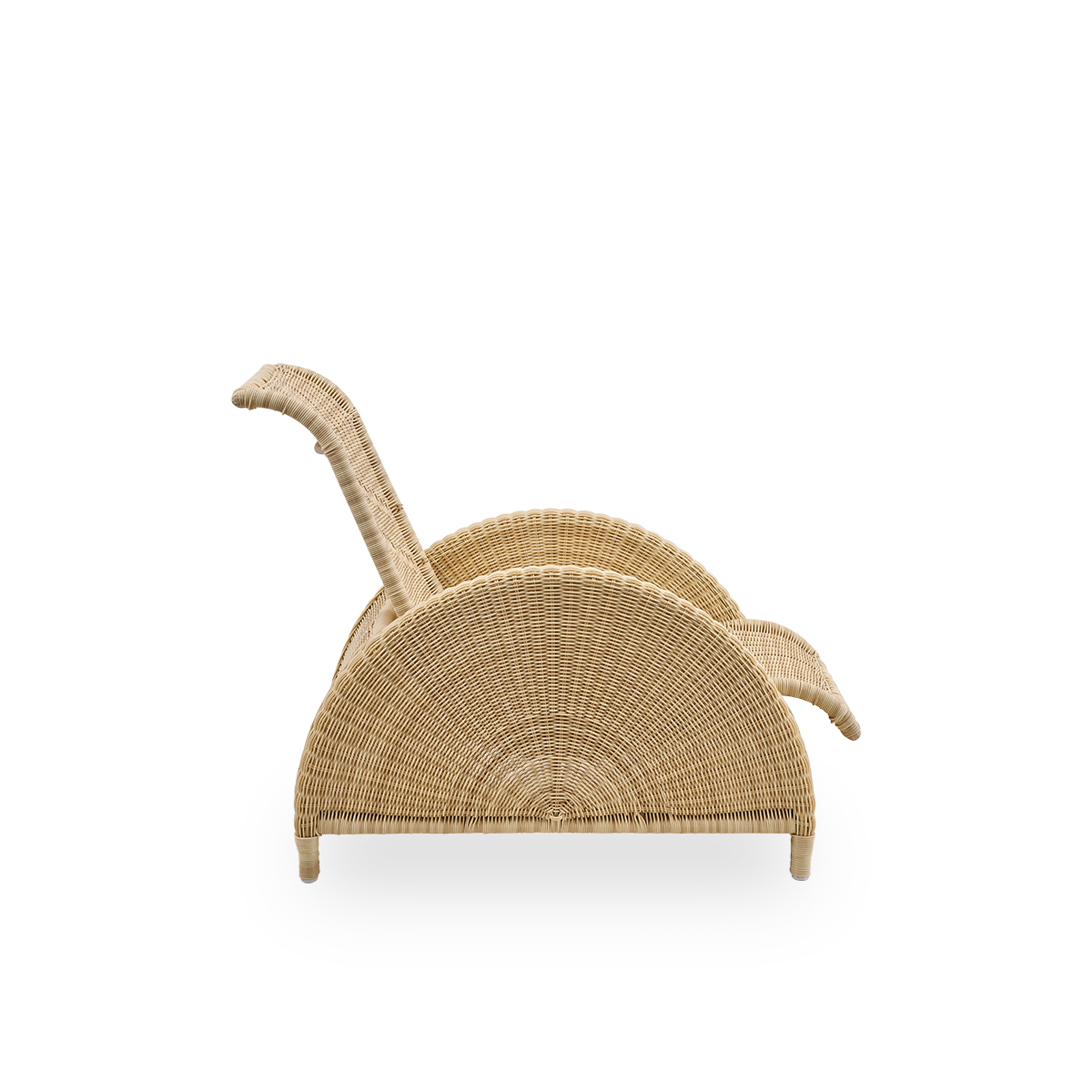 Plain side view of Paris outdoor lounge chair, iconic design by Arne Jacobsen. Aluminium frame fully woven with ArtFibre. 