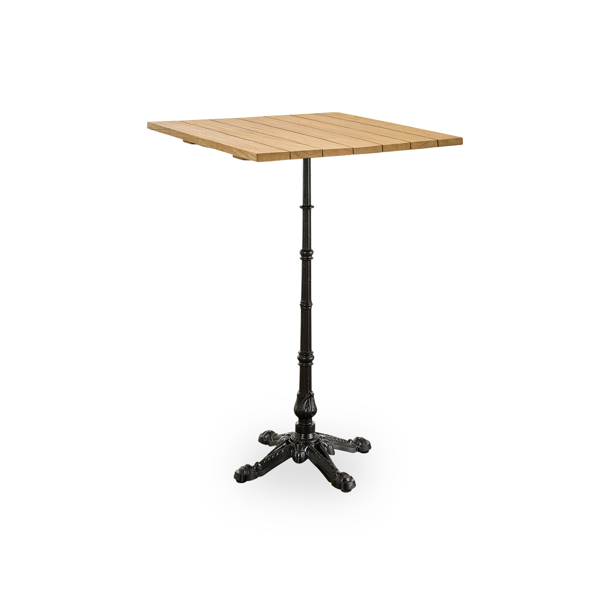 This is a lifestyle image of Lyon Bar Table Teak 70x70 cm in cast iron. Seaside terrace with woven armchairs and an ocean view.