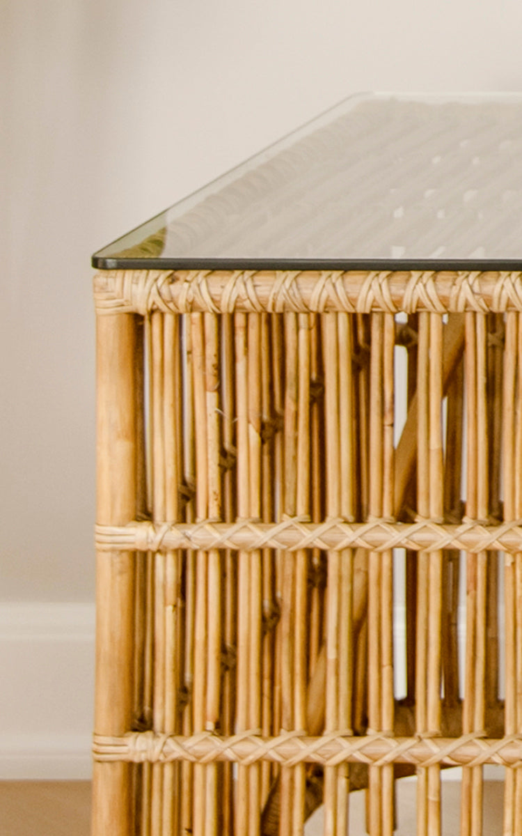 This is a close-up image of Donatello Side Table in antique rattan.