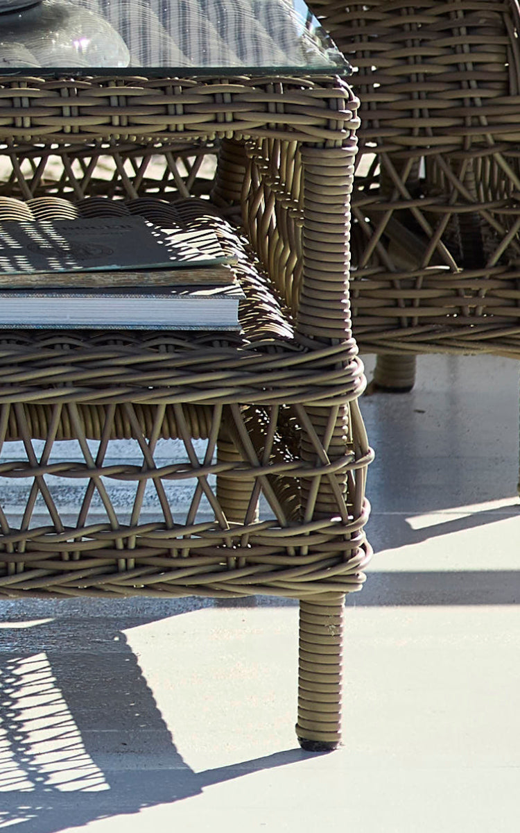 This is a close-up image of Hazel Coffee Table in antique Grey ArtFibre Aluminium.