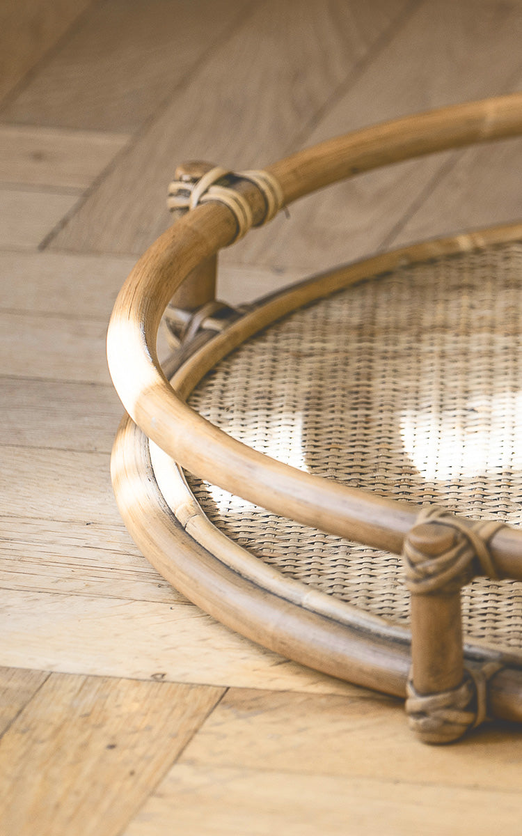 This is a close-up image of Andreas Tray in natural Rattan.