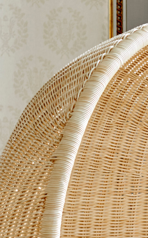 This is a close-up image of Hanging Egg Chair in natural core weave Rattan frame.