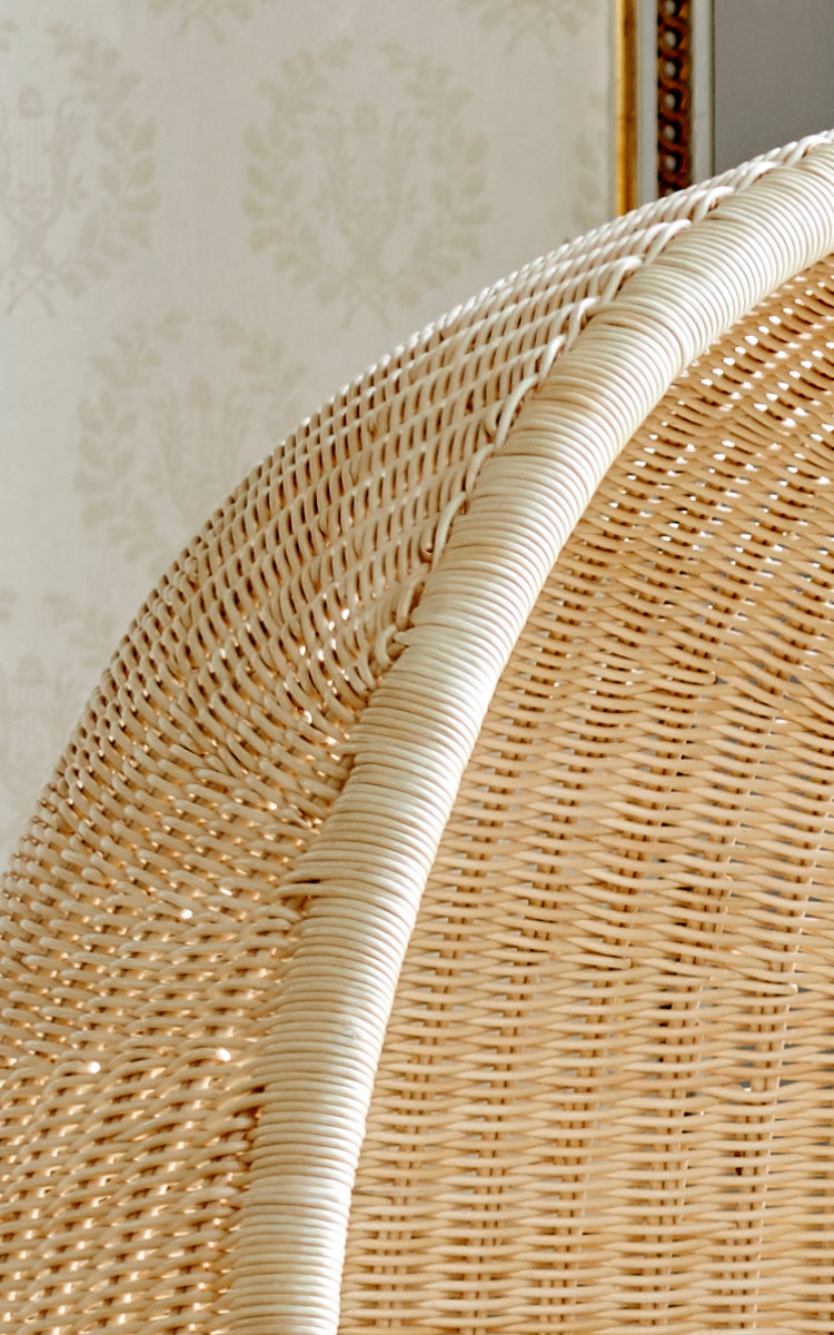 This is a close-up image of Hanging Egg Chair in natural core weave Rattan frame.