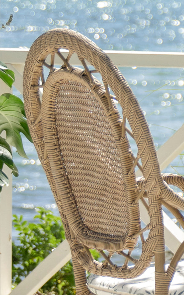 This is a close-up image of Romantica Exterior Dining Chair in antique aluminium artfibre. Detail of the woven texture and frame construction.