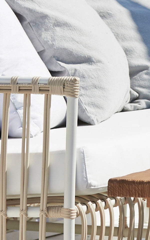 This is a close-up image of Caroline Exterior Sofa in dove White Aluminium ArtFibre.