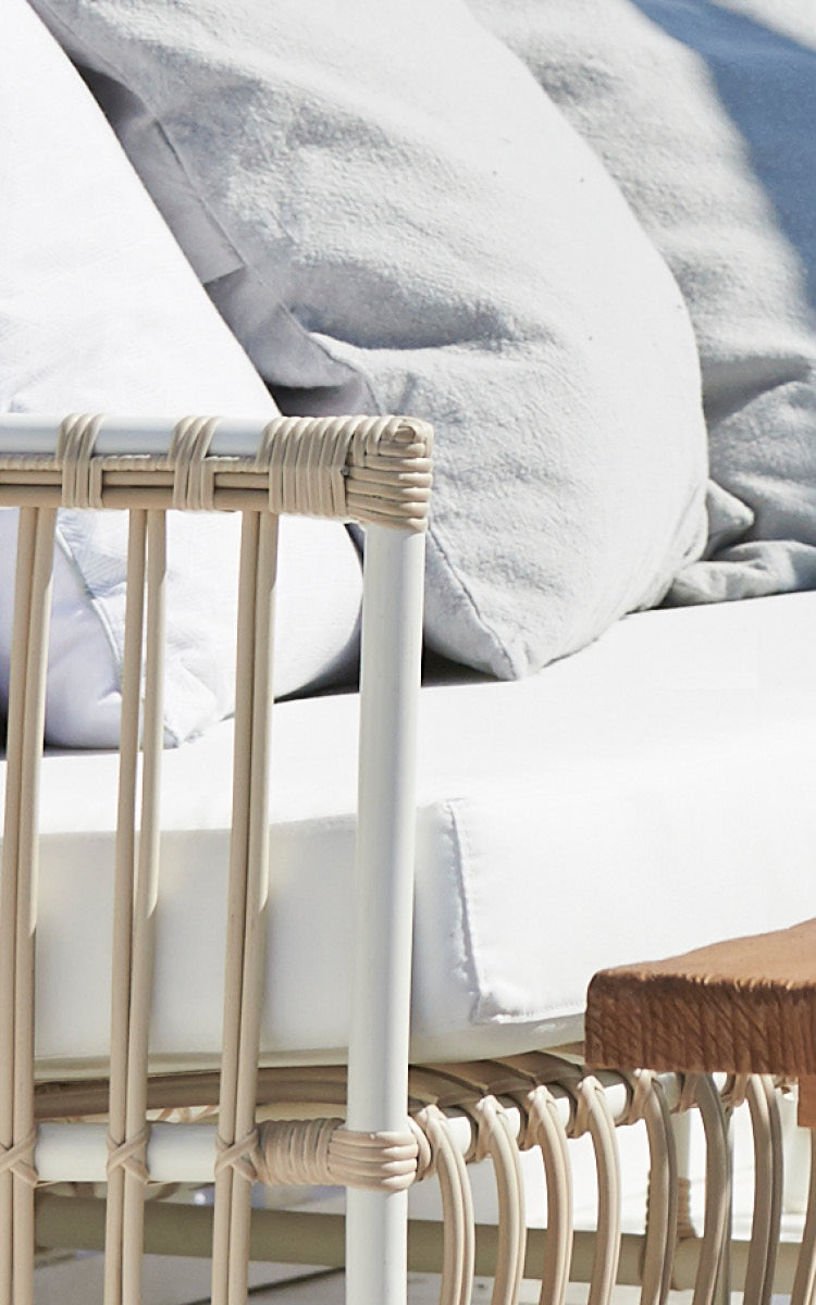 This is a close-up image of Caroline Exterior Sofa in dove White Aluminium ArtFibre.