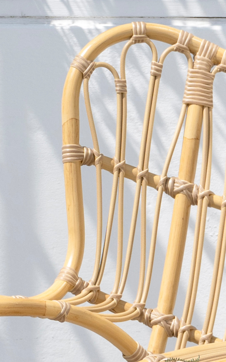 This is a close-up image of Teddy Exterior Lounge Chair in natural aluminium artfibre. Detail of the arched back loops and spindle construction.