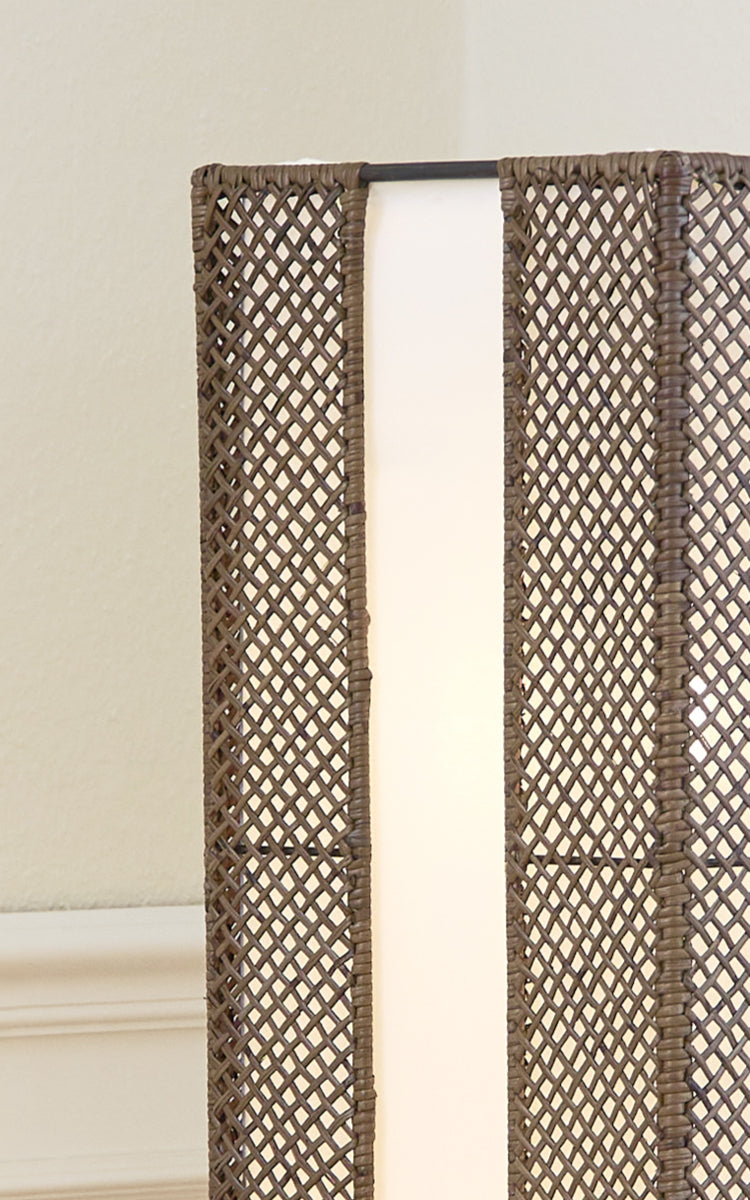 This is a close-up image of Yamakawa Lampshade | 125 cm in hazelnut rattan iron frame. Detail of the woven texture and frame construction.