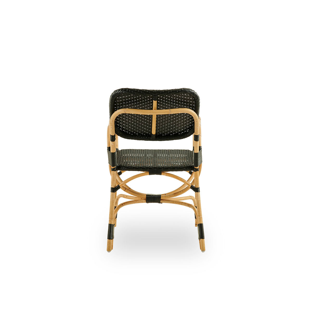 Plain back view of Bistro chair in black ArtFibre weave with elegant design. Rattan frame with seat woven in ArtFibre. The curved Rattan frame under the seat extend into armrests.