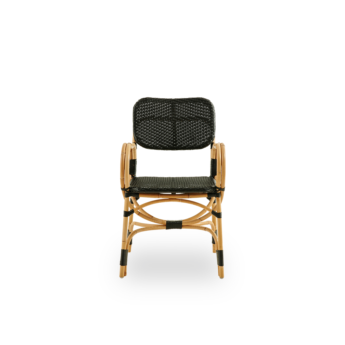 Front view of Bistro chair in black ArtFibre weave with elegant design. Rattan frame with seat woven in ArtFibre. The curved rattan frame under the seat extends into armrests.