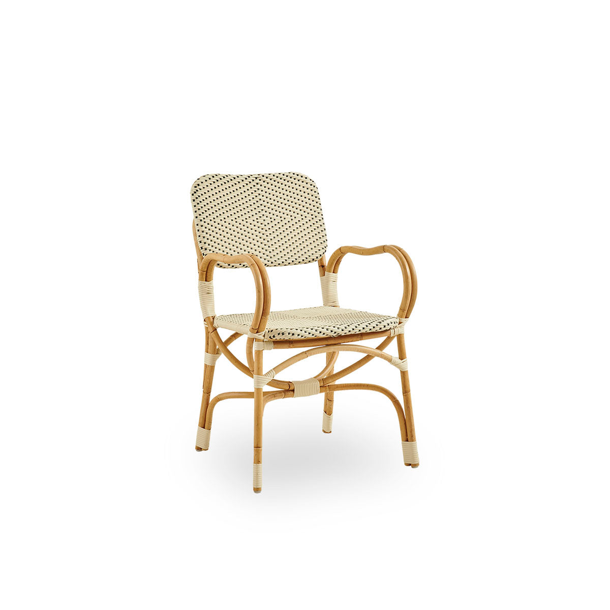 Side view of Bistro chair in Ivory ArtFibre weave with elegant design. Rattan frame with seat woven in ArtFibre. The curved Rattan frame under the seat extend into armrests.