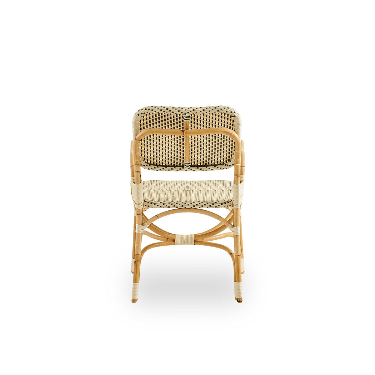 Plain back view of Bistro chair in Ivory ArtFibre weave with elegant design. Rattan frame with seat woven in ArtFibre. The curved Rattan frame under the seat extend into armrests.