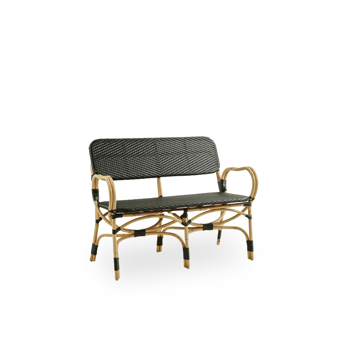 Side view of Bistro bench in black ArtFibre weave with elegant design. Rattan frame with seat woven in ArtFibre. The curved Rattan frame under the seat extend into armrests.