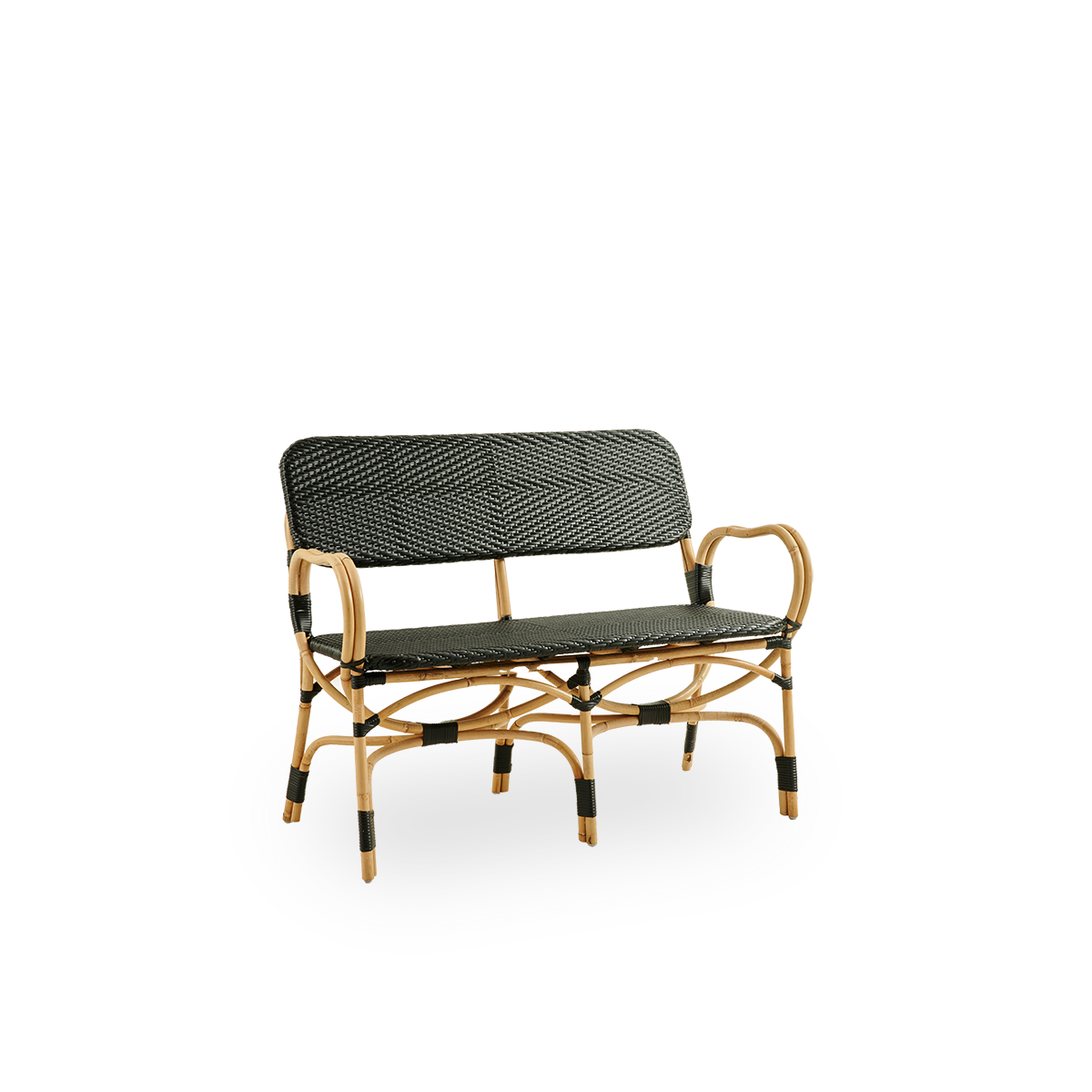 Side view of Bistro bench in black ArtFibre weave with elegant design. Rattan frame with seat woven in ArtFibre. The curved Rattan frame under the seat extend into armrests.