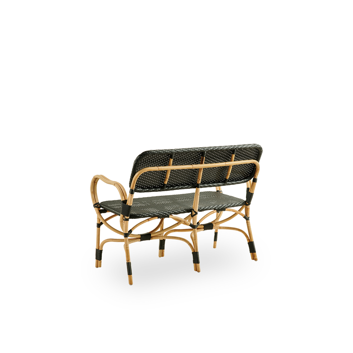 Back side view of Bistro bench in black ArtFibre weave with elegant design. Rattan frame with seat woven in ArtFibre. The curved rattan frame under the seat extends into armrests.